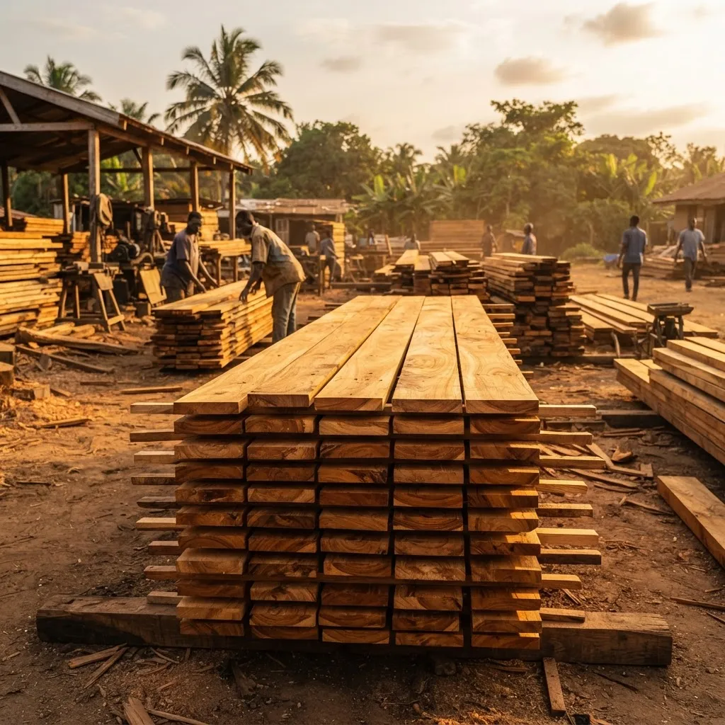 Teak lumber yard at golden hour